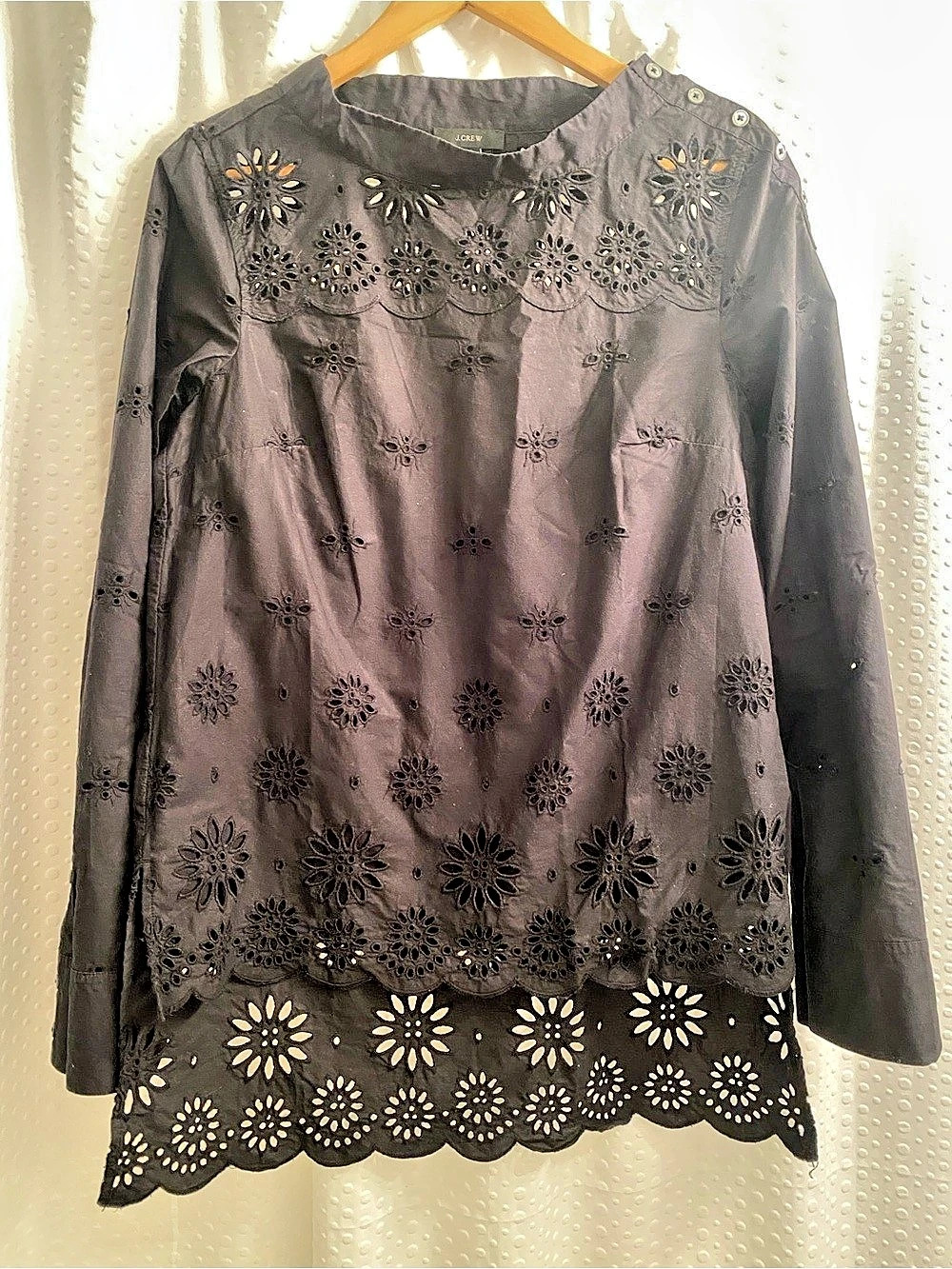 J.Crew Funnel Neck Eyelet Top in Black Size Small